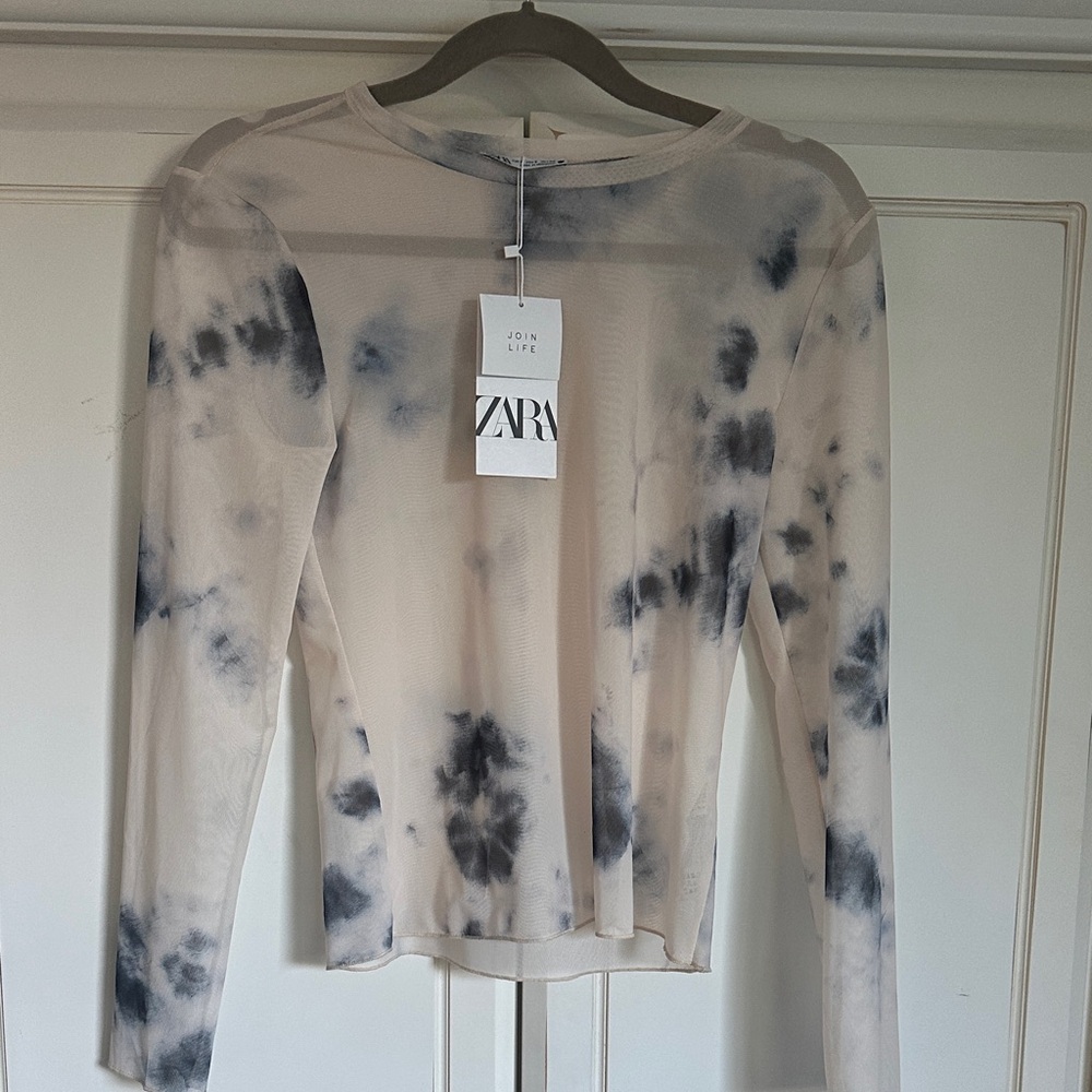 Zara Black and Cream Tie-Dye Long Sleeve Top